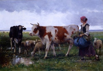 ジュリアン・デュプレ Painting - 牛と羊の農場生活を持つ農民の女性 リアリズム ジュリアン・デュプレ